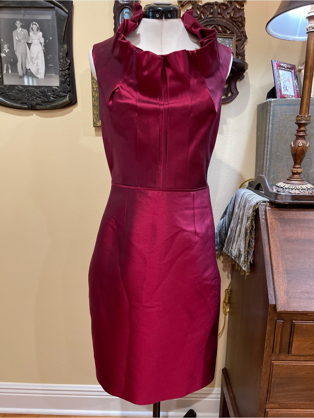 Eccoci Silk Wool Wine Red Ruffle Neck Cocktail Dress Sz 10